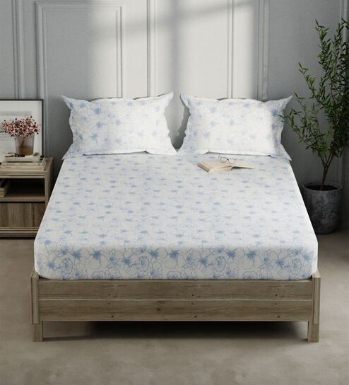 Monkler White & Lavender 100% Cotton Floral King Size Bedsheet with 2 Pillow Covers
